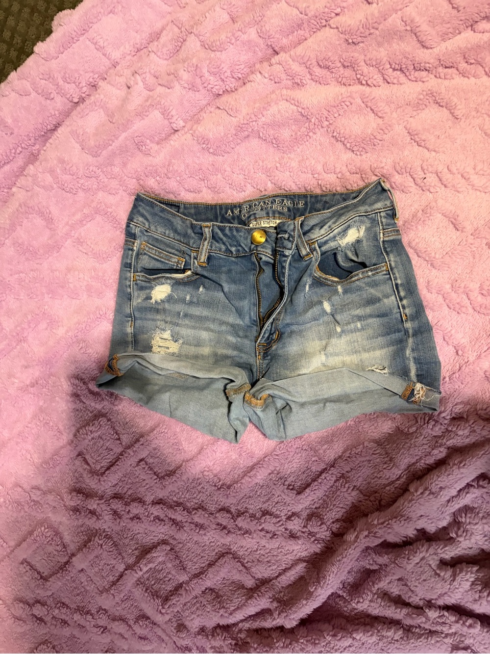 American Eagle Outfitters Distressed Light Blue Denim Roll-Hem Shorts